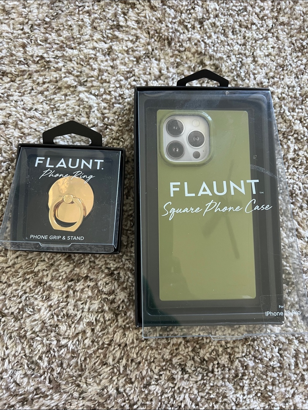 NIB Flaunt iPhone 13 Pro Square Phone Case Olive Green with Gold Grip Stand